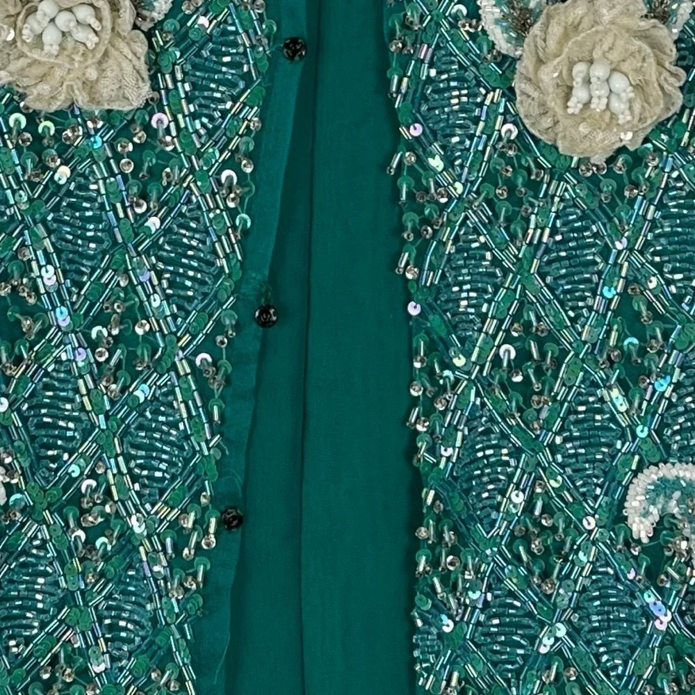 VINTAGE RICHILENE 70S SILK CHIFFON BEAD EMBELLISHED AQUA FORMAL EVENING GOWN - Picture 16 of 16